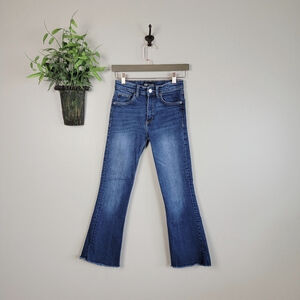 Zara Kick Boot Flare Crop High Rise Capri Medium Blue Raw Hem Ankle Stretch 2